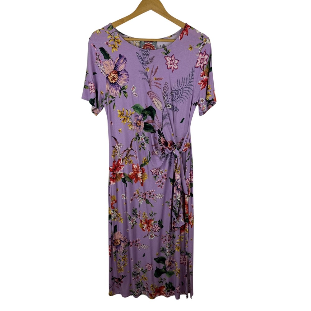 Johnny Was Janie Favorite Side Tie Knit Dress Medium Purple Floral Bird Stretch - Picture 2 of 13